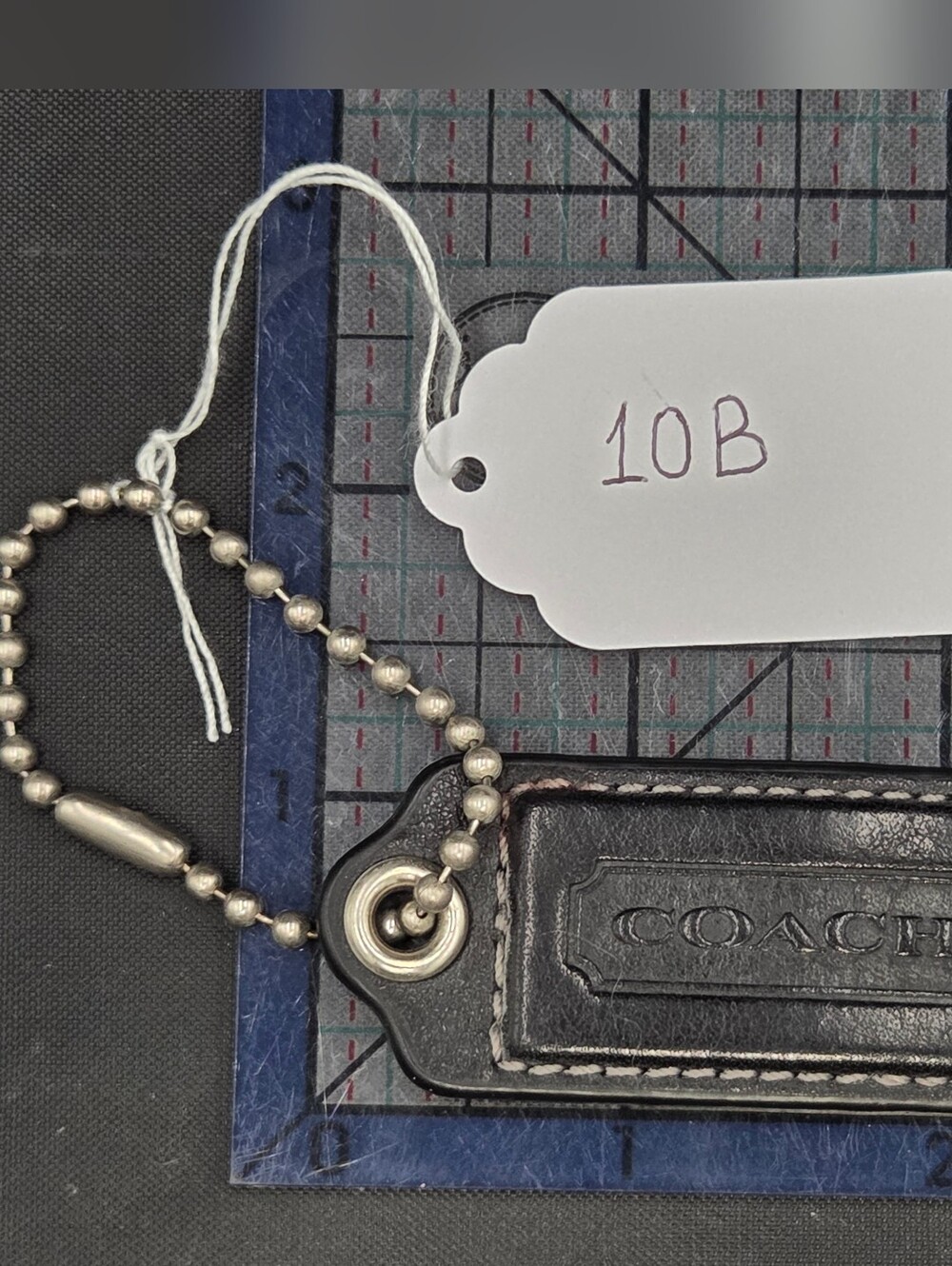 Coach Black Leather Stitched Tag Key Fob with Silver Chain